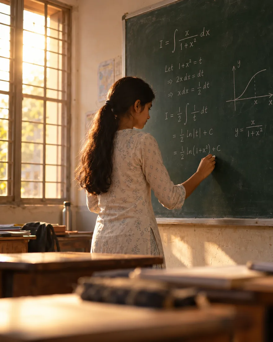 A student working through an integral on the chalkboard