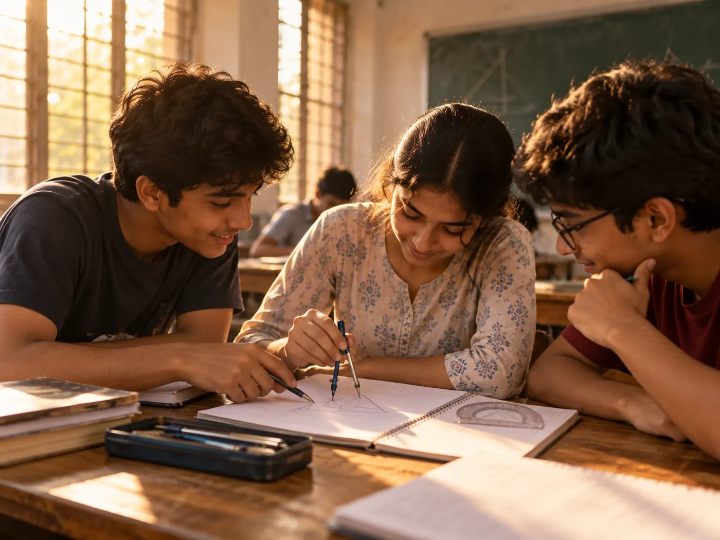 Three students working through a geometry problem together