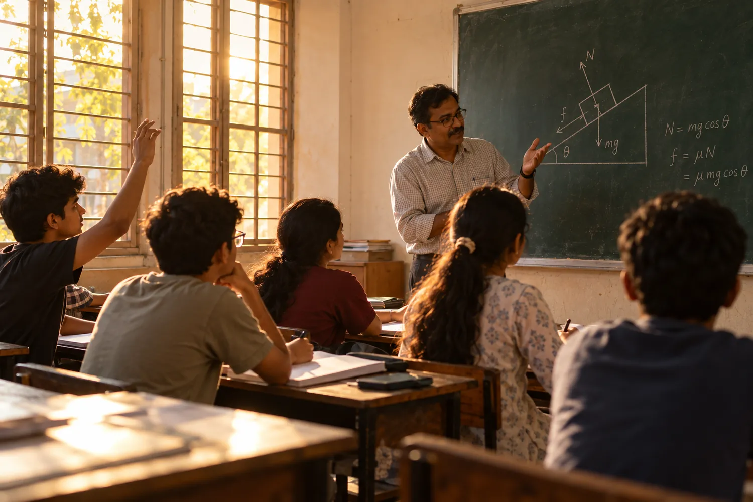 A teacher explaining a free-body diagram to a small batch