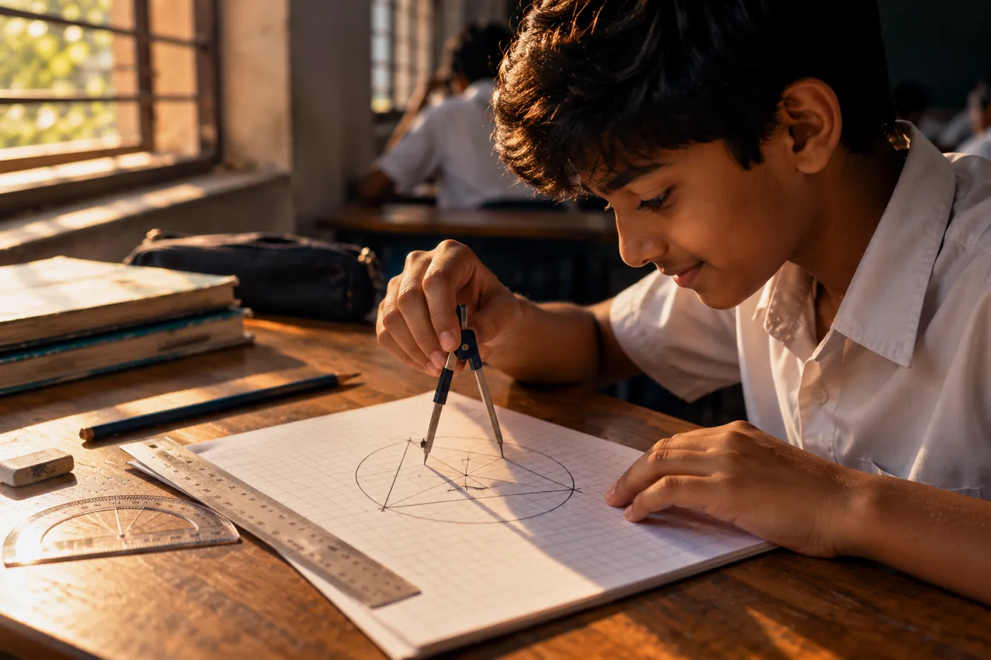 A young student constructing a geometry figure with a compass on grid paper