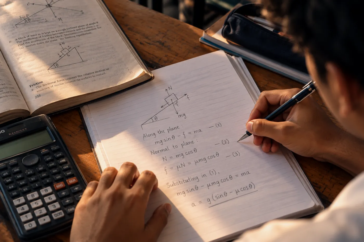 Close-up of a student's hands solving a mechanics problem with vectors in a notebook