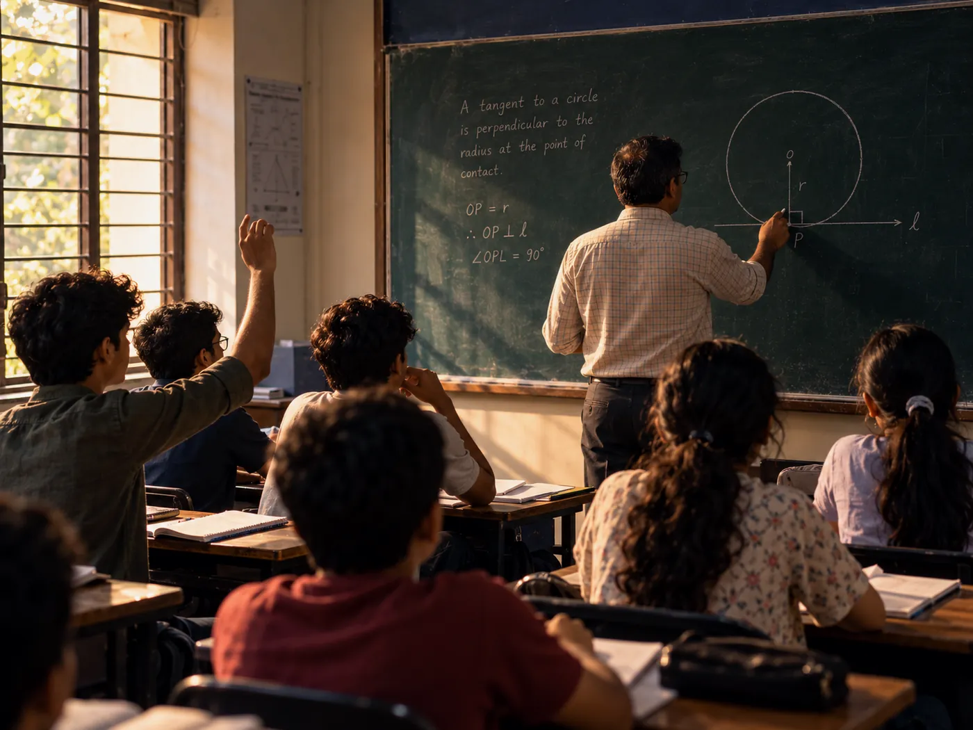A teacher explaining a circle theorem on the chalkboard to a small batch